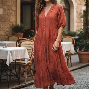 Karyn Seo Red Embroidered Tiered Midi Dress Size Small NWT